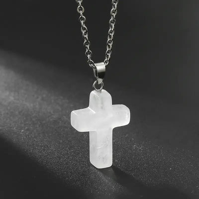 Christianartworkshop Natural Stone Cross Gemstone Pendant Necklace