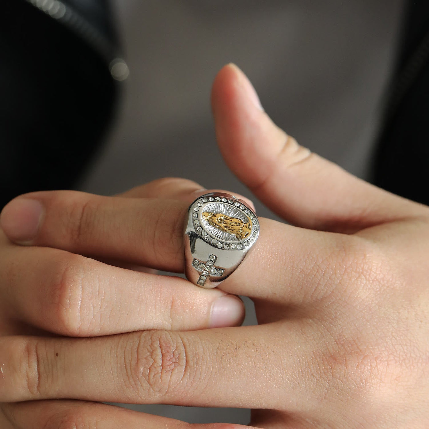 Christianartworkshop Virgin Mary Stainless Steel Ring Cross Sign Catholic Rings for Religious Jewelry