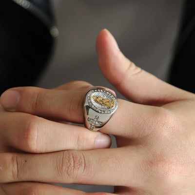 Christianartworkshop Virgin Mary Stainless Steel Ring Cross Sign Catholic Rings for Religious Jewelry