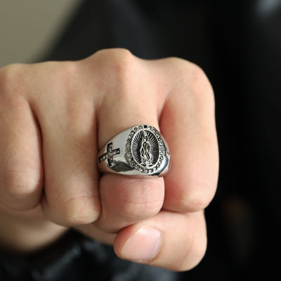 Christianartworkshop Virgin Mary Stainless Steel Ring Cross Sign Catholic Rings for Religious Jewelry