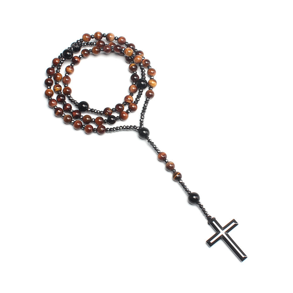 Christianartworkshop Agate/Tiger's Eye Stone Cross Catholic Rosary
