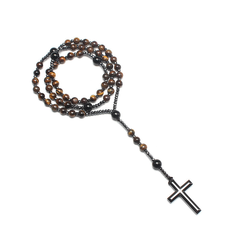 Christianartworkshop Agate/Tiger's Eye Stone Cross Catholic Rosary