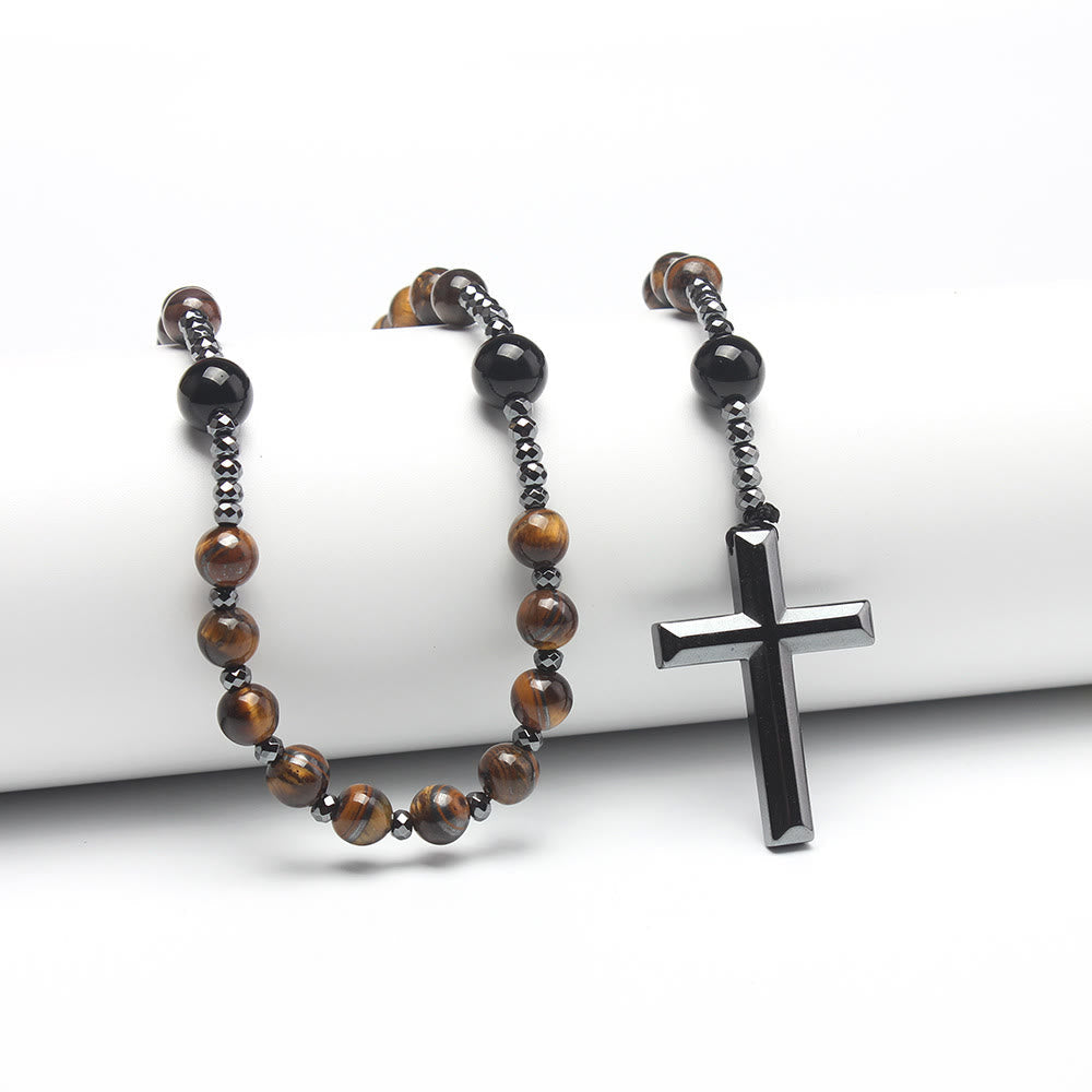Christianartworkshop Agate/Tiger's Eye Stone Cross Catholic Rosary