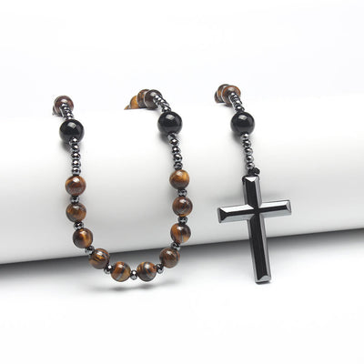 Christianartworkshop Agate/Tiger's Eye Stone Cross Catholic Rosary