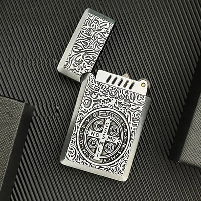 Carved St. Benedict Cross Medallion Solid Metal Cigarette Lighter