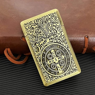 Carved St. Benedict Cross Medallion Solid Metal Cigarette Lighter