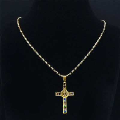 Christianartworkshop Saint Benedict Cross Mix Bible 12 Crystal Necklace