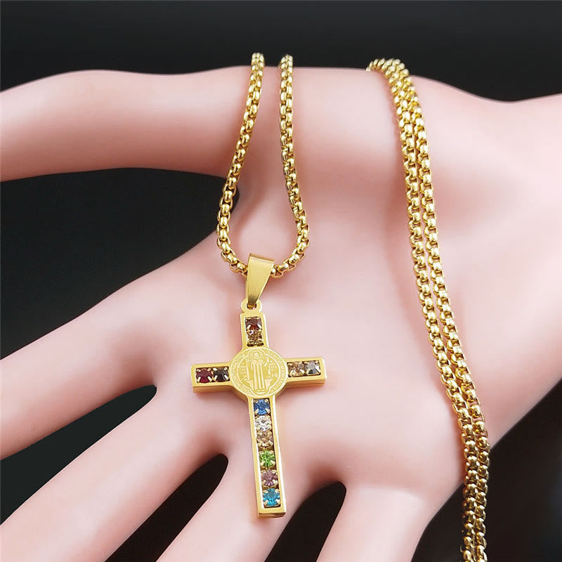 Christianartworkshop Saint Benedict Cross Mix Bible 12 Crystal Necklace