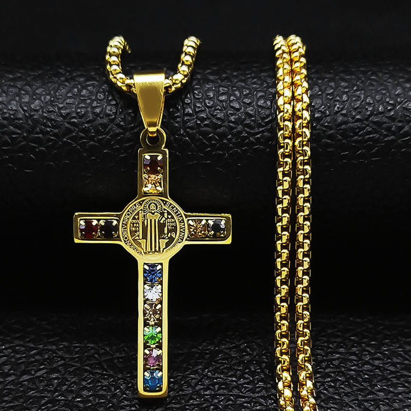 Christianartworkshop Saint Benedict Cross Mix Bible 12 Crystal Necklace