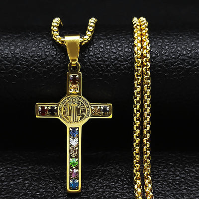Christianartworkshop Saint Benedict Cross Mix Bible 12 Crystal Necklace