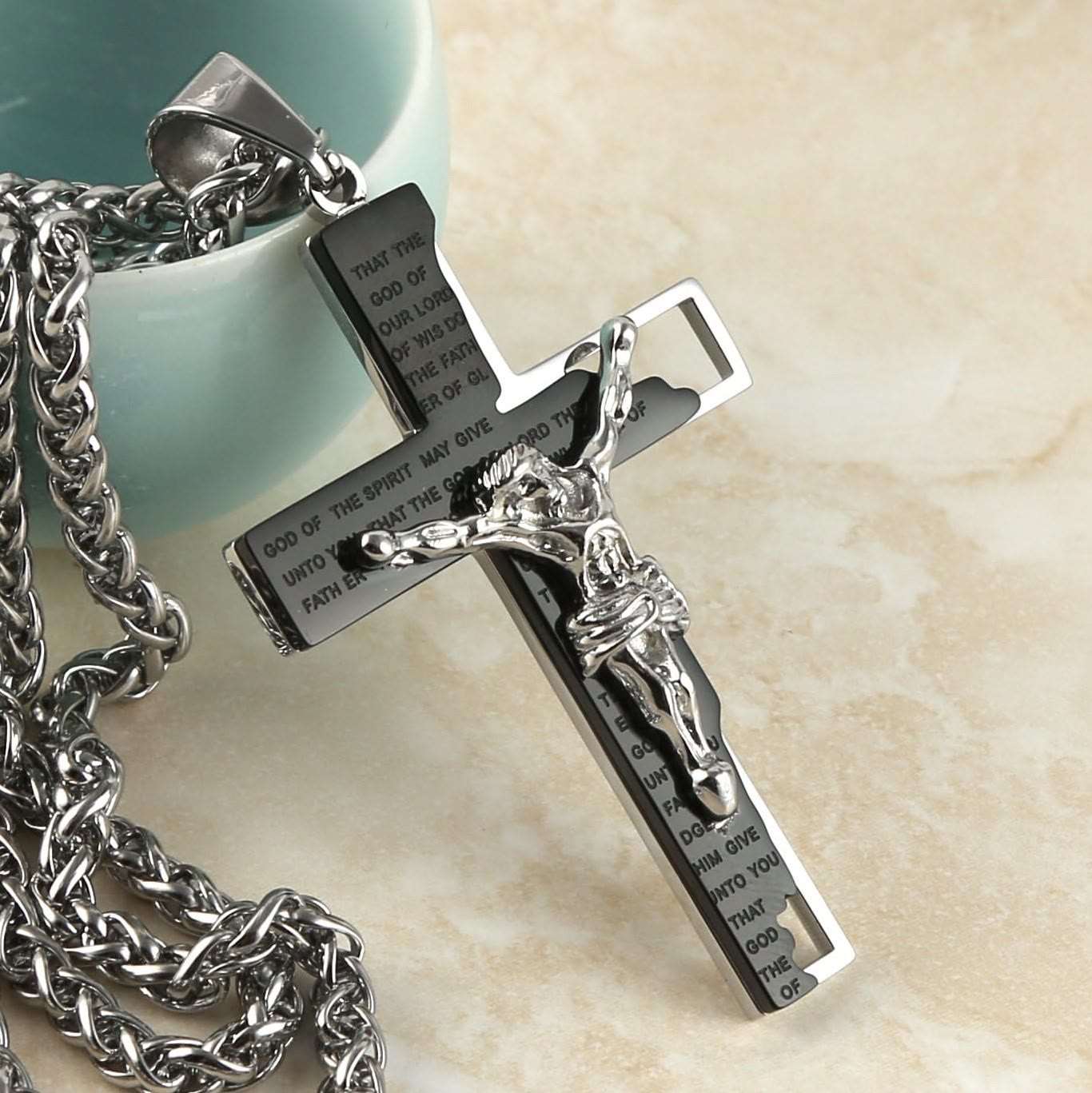 Christianartworkshop Stainless Steel Crucifix Bible Prayer Pendant Necklace Chain