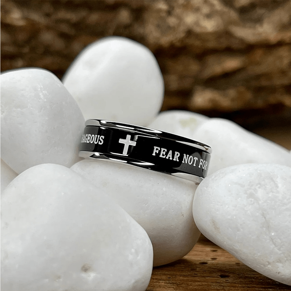 Christianartworkshop Titanium Black/Gold Cross Step Edges Rotating Ring