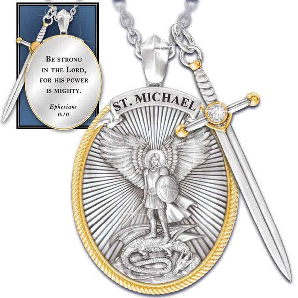 Christianartworkshop Two Tone Sword & Oval Shield St. Michael Pendant Necklace