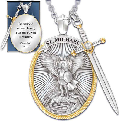 Christianartworkshop Two Tone Sword & Oval Shield St. Michael Pendant Necklace