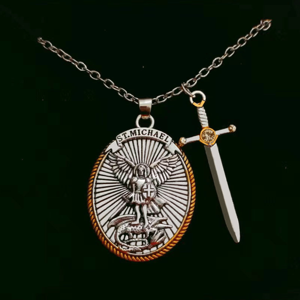 Christianartworkshop Two Tone Sword & Oval Shield St. Michael Pendant Necklace