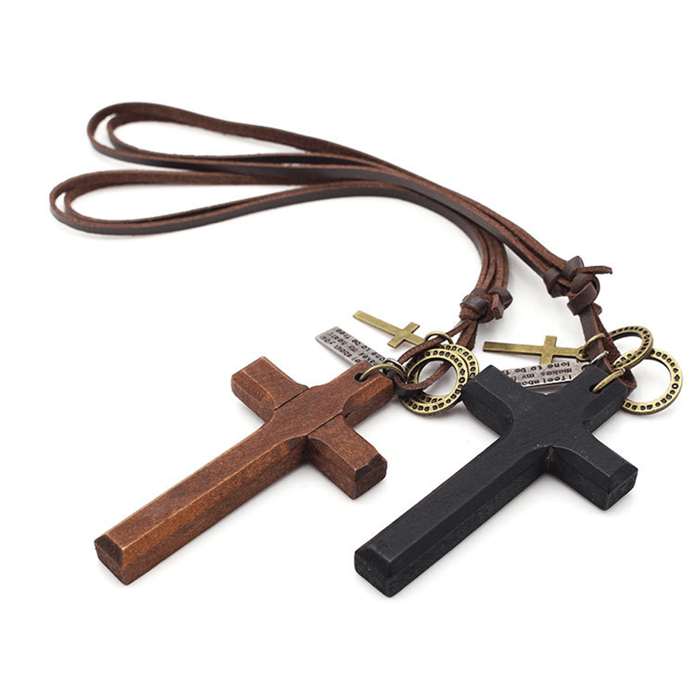 Christianartworkshop Vintage Wood Cross Adjustable Leather Necklace
