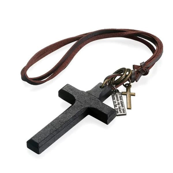 Christianartworkshop Vintage Wood Cross Adjustable Leather Necklace