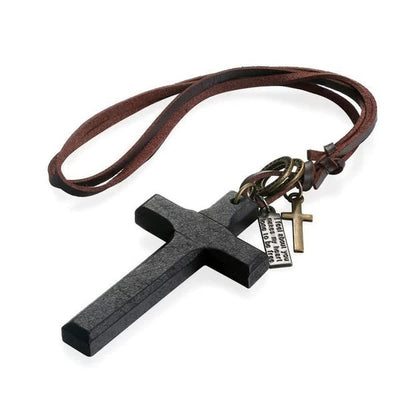 Christianartworkshop Vintage Wood Cross Adjustable Leather Necklace