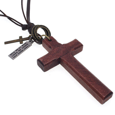 Christianartworkshop Vintage Wood Cross Adjustable Leather Necklace