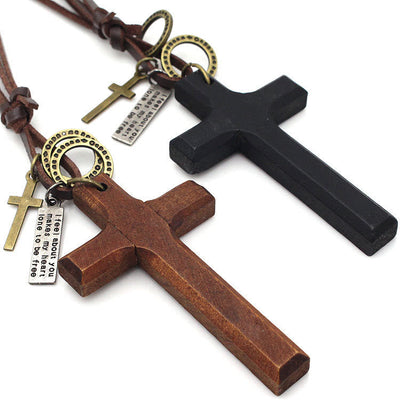 Christianartworkshop Vintage Wood Cross Adjustable Leather Necklace