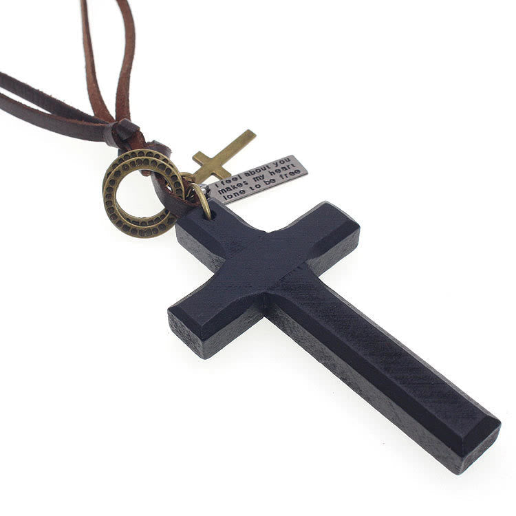 Christianartworkshop Vintage Wood Cross Adjustable Leather Necklace