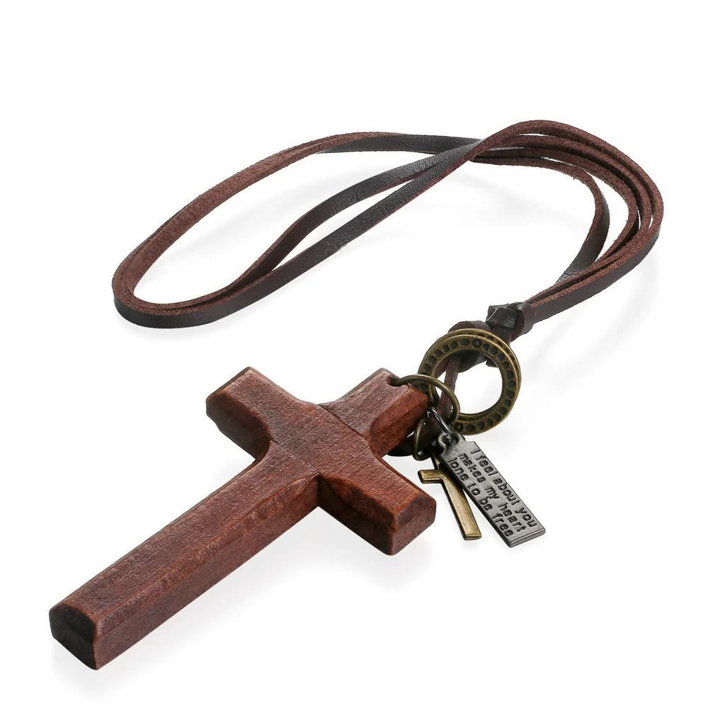 Christianartworkshop Vintage Wood Cross Adjustable Leather Necklace