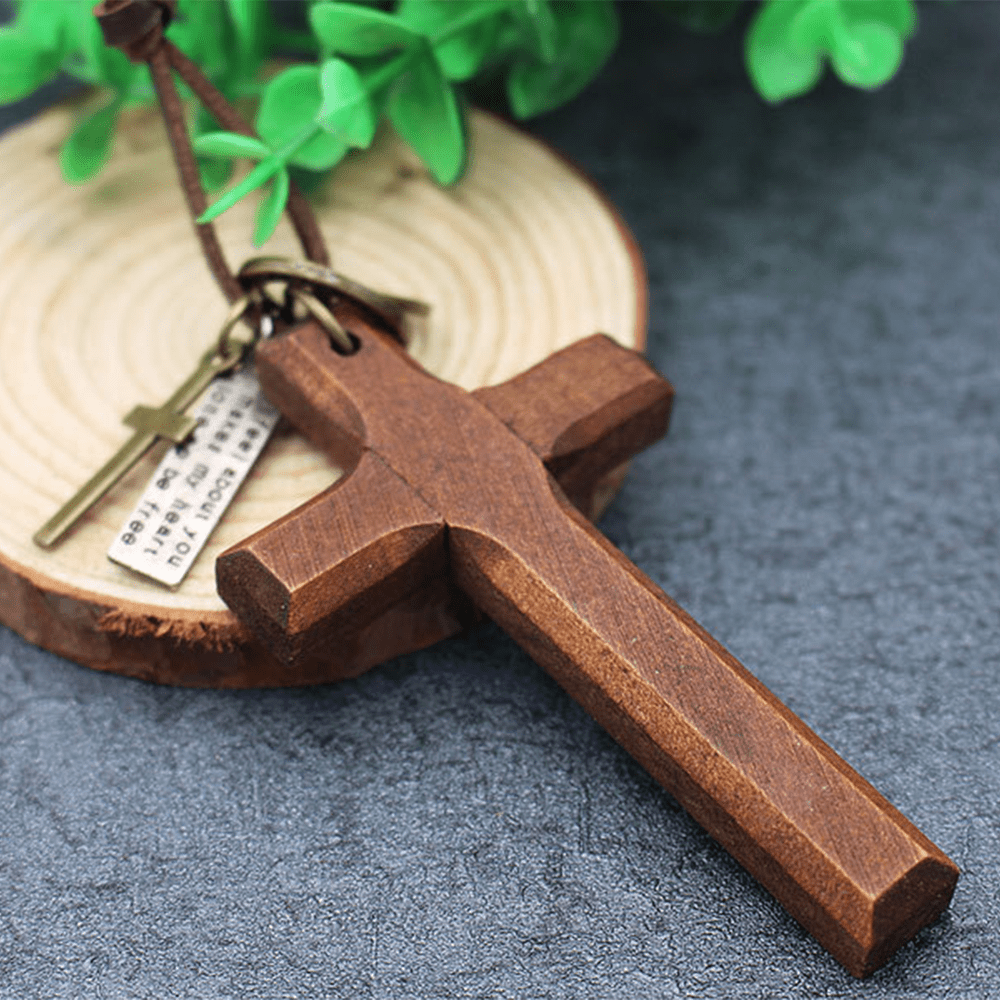 Christianartworkshop Vintage Wood Cross Adjustable Leather Necklace