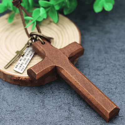Christianartworkshop Vintage Wood Cross Adjustable Leather Necklace