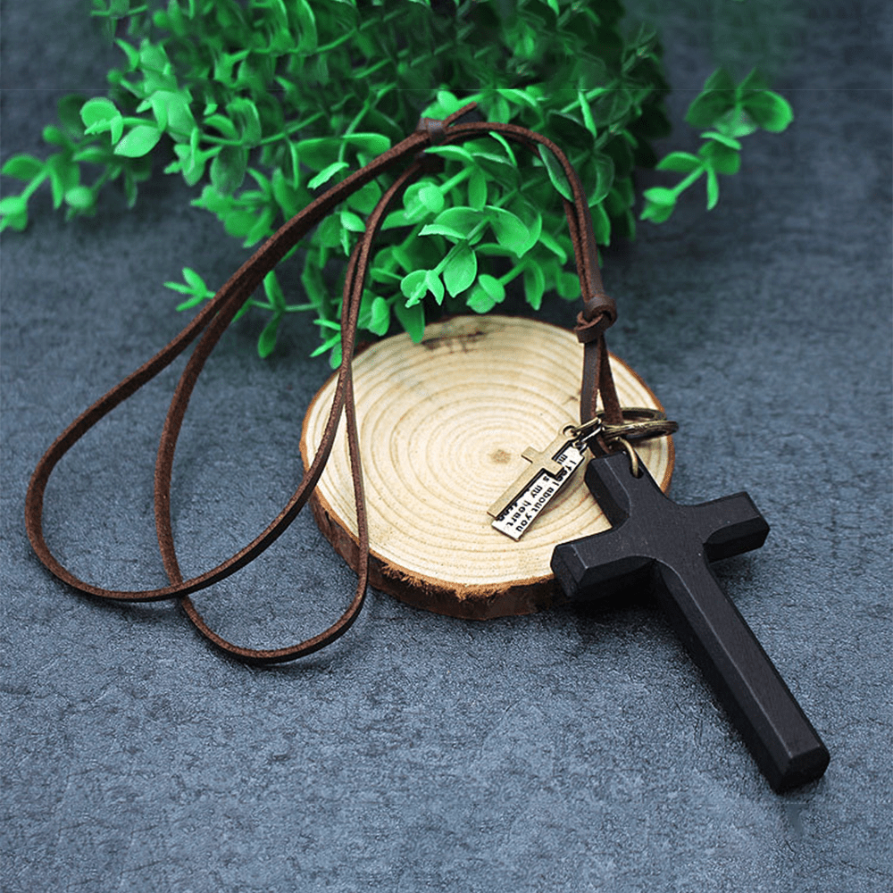 Christianartworkshop Vintage Wood Cross Adjustable Leather Necklace