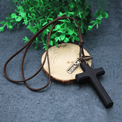 Christianartworkshop Vintage Wood Cross Adjustable Leather Necklace