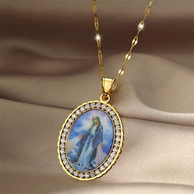 Christianartworkshop Virgin Mary Painting Necklace Religious Icon Jewelry