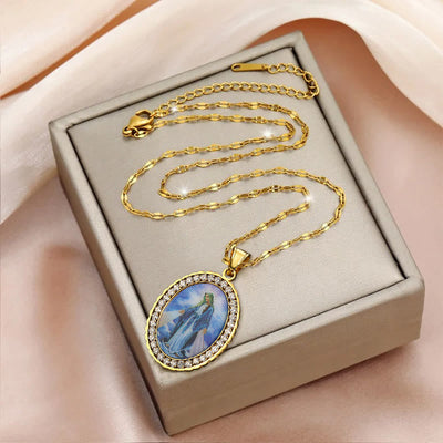 Christianartworkshop Virgin Mary Painting Necklace Religious Icon Jewelry