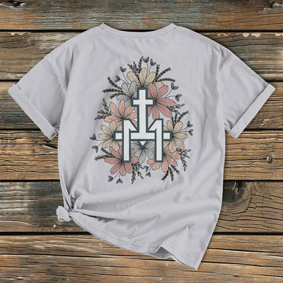 Christianartworkshop Classic Colored Style  Floral Marian Cross Short Sleeve Washed T-shirt