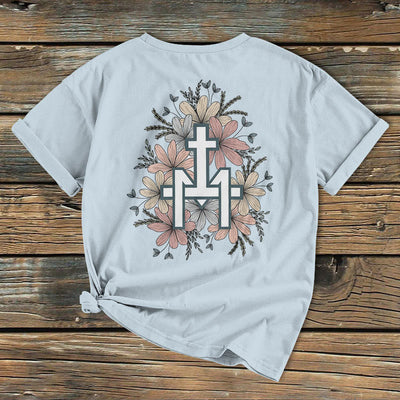 Christianartworkshop Classic Colored Style  Floral Marian Cross Short Sleeve Washed T-shirt