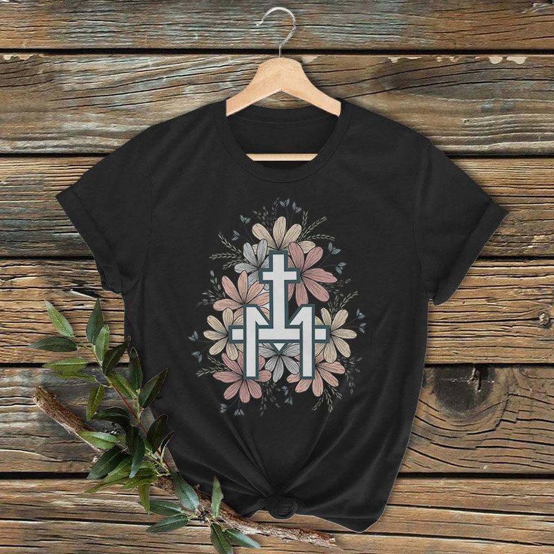 Christianartworkshop Classic Colored Style  Floral Marian Cross Short Sleeve Washed T-shirt