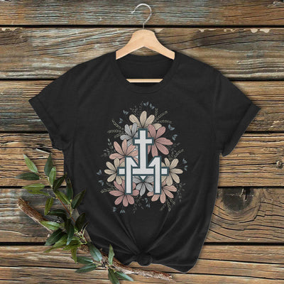 Christianartworkshop Classic Colored Style  Floral Marian Cross Short Sleeve Washed T-shirt