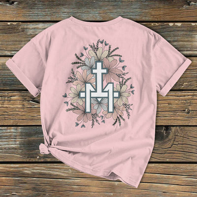 Christianartworkshop Classic Colored Style  Floral Marian Cross Short Sleeve Washed T-shirt