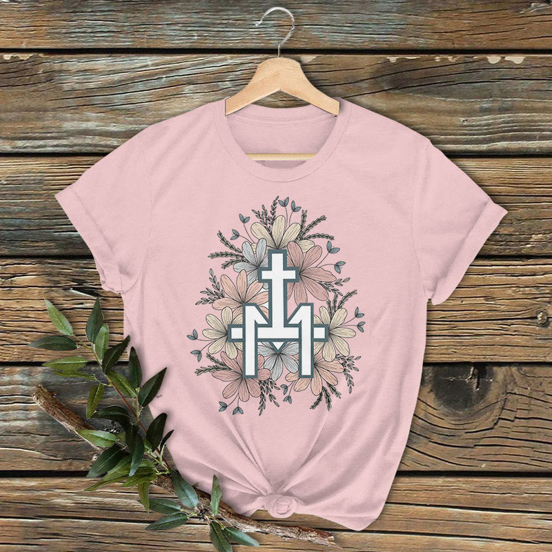 Christianartworkshop Classic Colored Style  Floral Marian Cross Short Sleeve Washed T-shirt