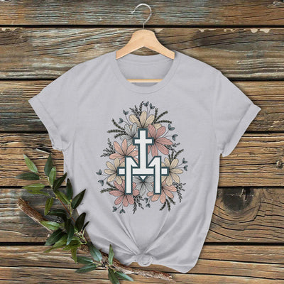 Christianartworkshop Classic Colored Style  Floral Marian Cross Short Sleeve Washed T-shirt