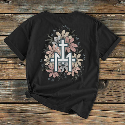 Christianartworkshop Classic Colored Style  Floral Marian Cross Short Sleeve Washed T-shirt