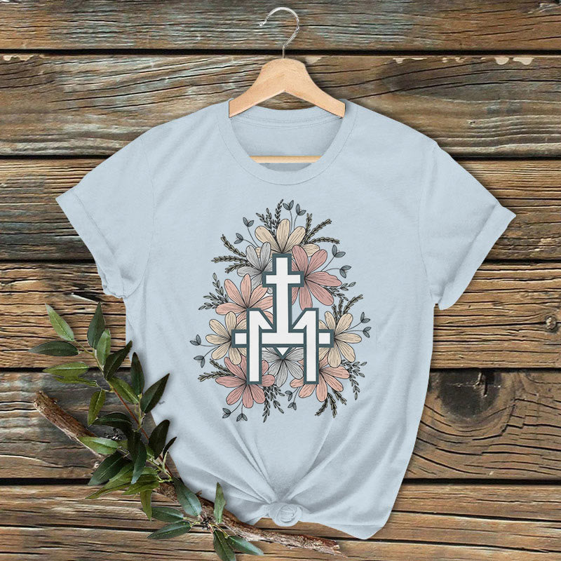 Christianartworkshop Classic Colored Style  Floral Marian Cross Short Sleeve Washed T-shirt