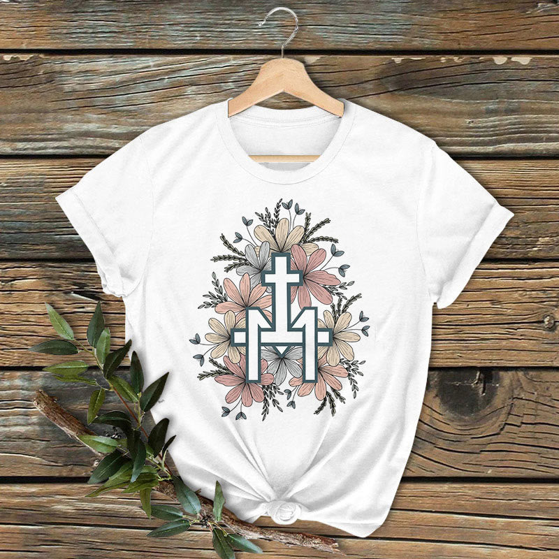 Christianartworkshop Classic Colored Style  Floral Marian Cross Short Sleeve Washed T-shirt