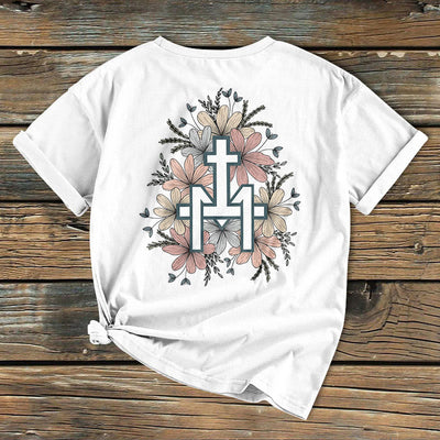 Christianartworkshop Classic Colored Style  Floral Marian Cross Short Sleeve Washed T-shirt