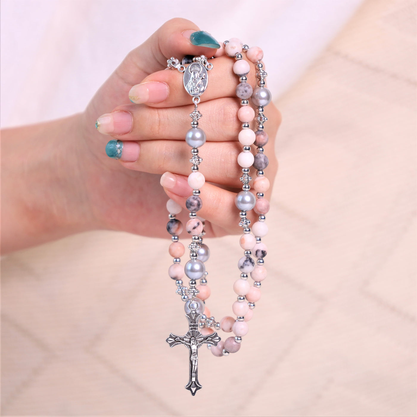 Christianartworkshop Natural Stone & Pearl Miraculous Medal Prayer Rosary