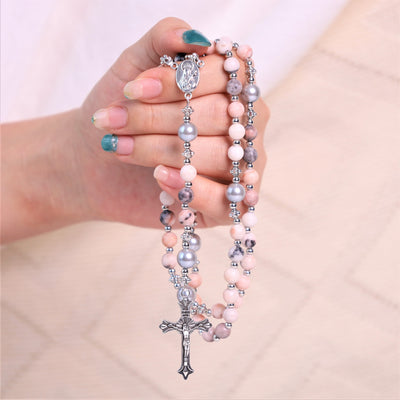 Christianartworkshop Natural Stone & Pearl Miraculous Medal Prayer Rosary