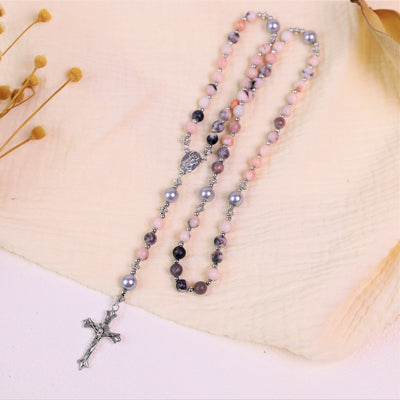 Christianartworkshop Natural Stone & Pearl Miraculous Medal Prayer Rosary