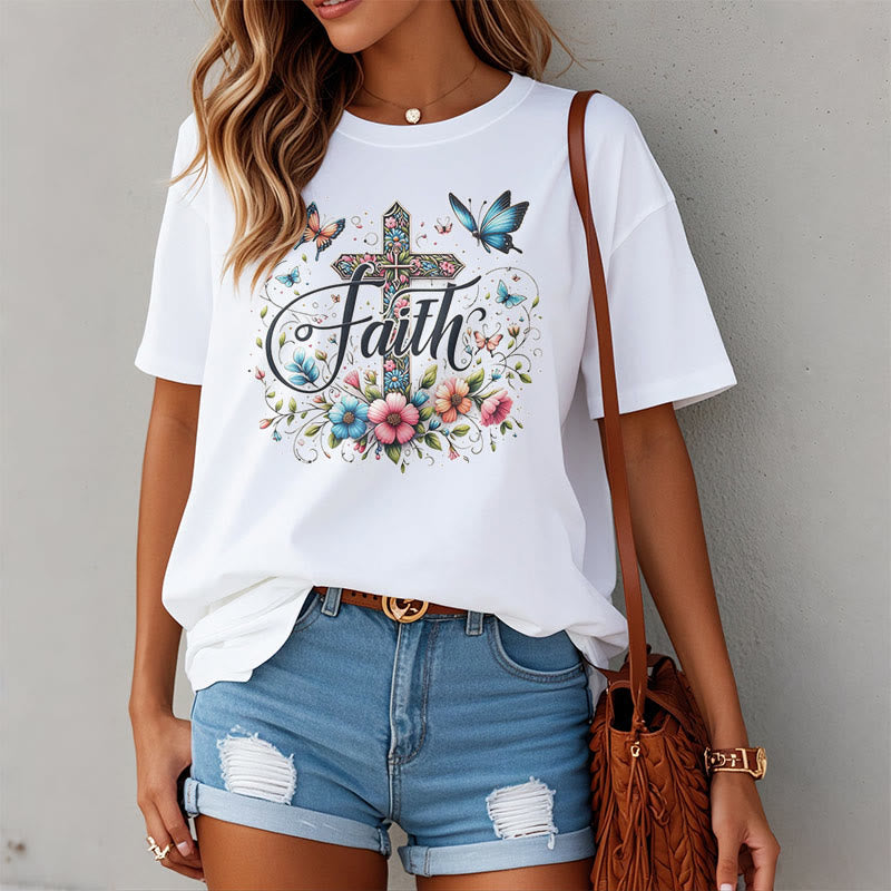 Christianartworkshop Bohemian Style Flowers and Cross Short Sleeve T-shirt