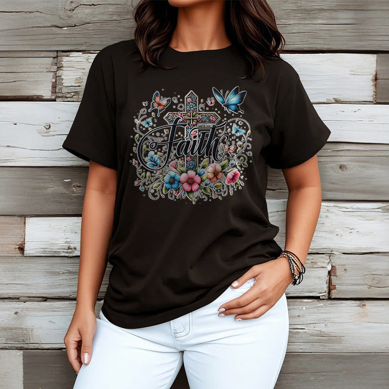 Christianartworkshop Bohemian Style Flowers and Cross Short Sleeve T-shirt