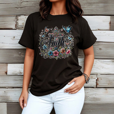 Christianartworkshop Bohemian Style Flowers and Cross Short Sleeve T-shirt