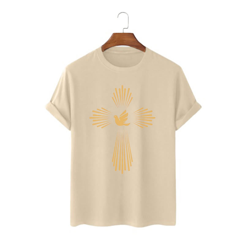Christianartworkshop Minimalist Style Holy Spirit Dove Golden Cross and Short Sleeve T-shirt